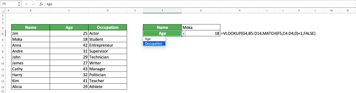 VLOOKUP Column Index Number: What is It and How to Input It Correctly? - Screenshot of the Dropdown Example to Choose the Data Variable in the VLOOKUP MATCH