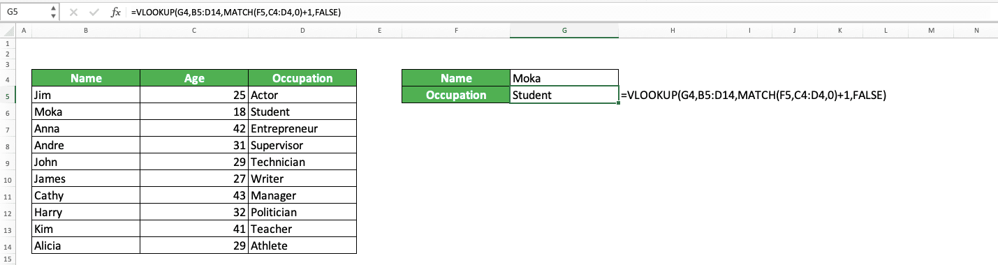 VLOOKUP Column Index Number: What is It and How to Input It Correctly? - Screenshot of the Result Example After Choosing Another Data Variable for the VLOOKUP MATCH