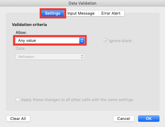 VLOOKUP Column Index Number: What is It and How to Input It Correctly? - Screenshot of the Settings Tab and Allow Dropdown Locations in the Data Validation Dialog Box