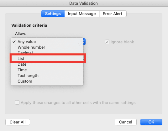 VLOOKUP Column Index Number: What is It and How to Input It Correctly? - Screenshot of the List Choice Location in the Allow Dropdown