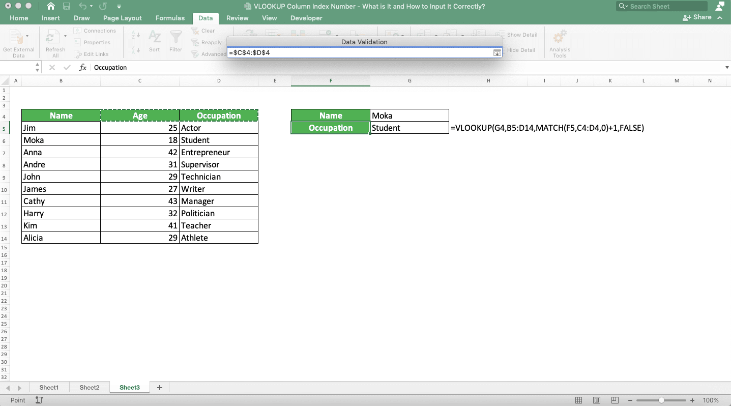 VLOOKUP Column Index Number: What is It and How to Input It Correctly? - Screenshot of the Column Headers Row Cell Range Input Example and the Button Location in the Text Box