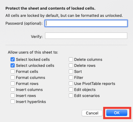 Excel Worksheet Definition, Function, and How to Use It - Screenshot of the OK Button in the Protect Sheet Dialog Box in Excel
