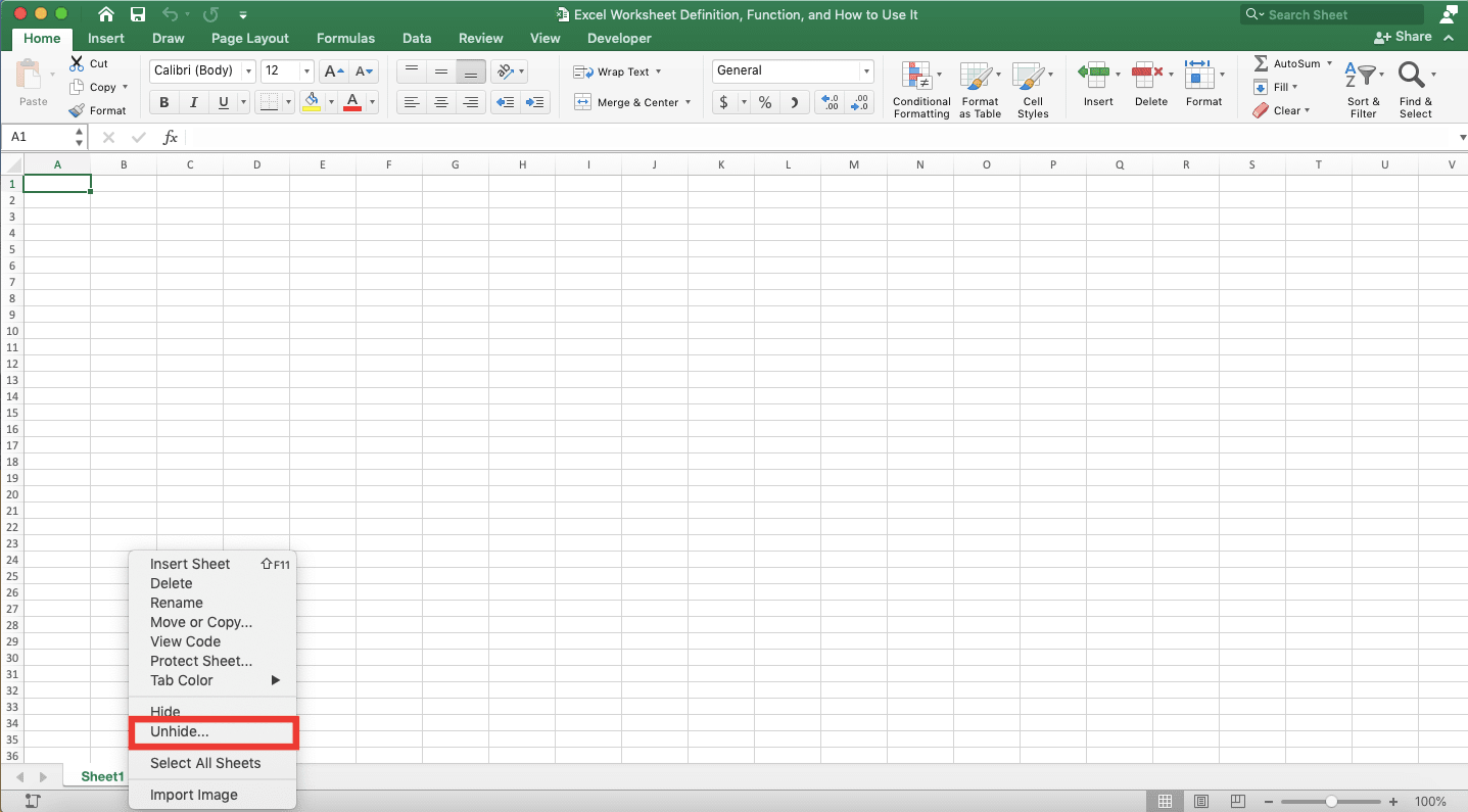 Excel Worksheet Definition, Function, and How to Use It - Screenshot of the Unhide... Choice Location in the Sheet Right-Click Menu in Excel