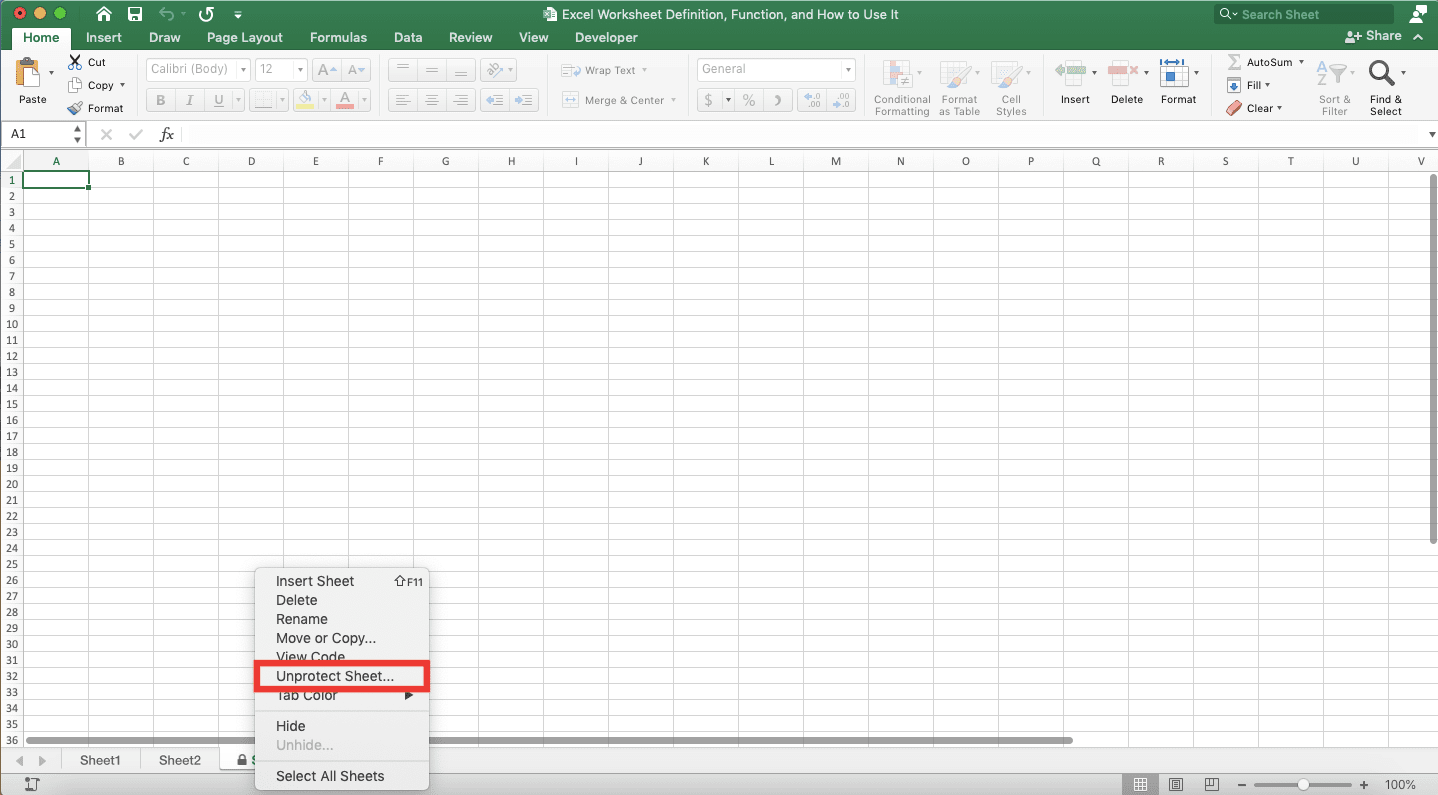 Excel Worksheet Definition, Function, and How to Use It - Screenshot of the Unprotect Sheet... Choice Location in the Sheet Right-Click Menu in Excel