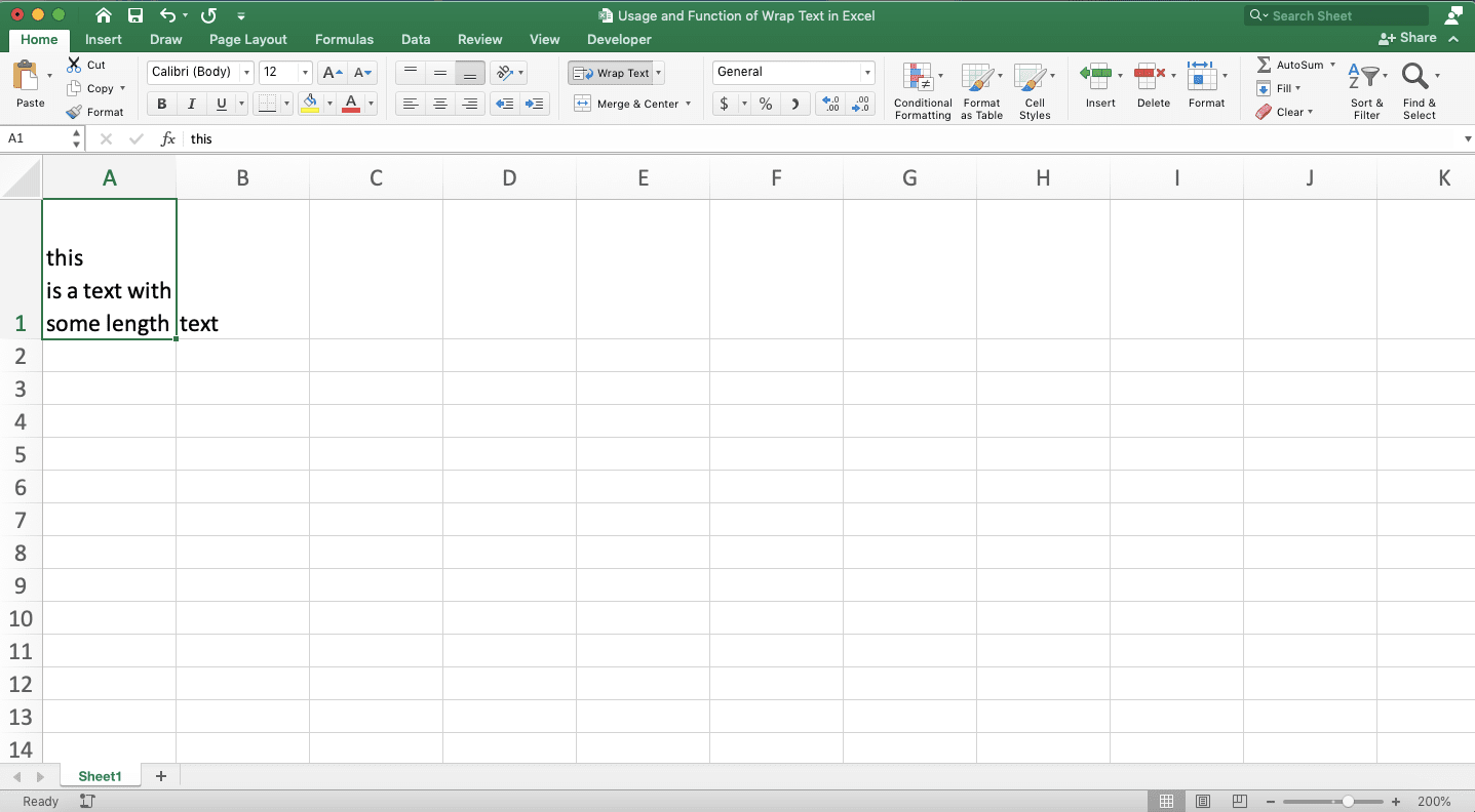 Usage and Function of Wrap Text in Excel - Screenshot of the Example of the Manual Wrap Text Result