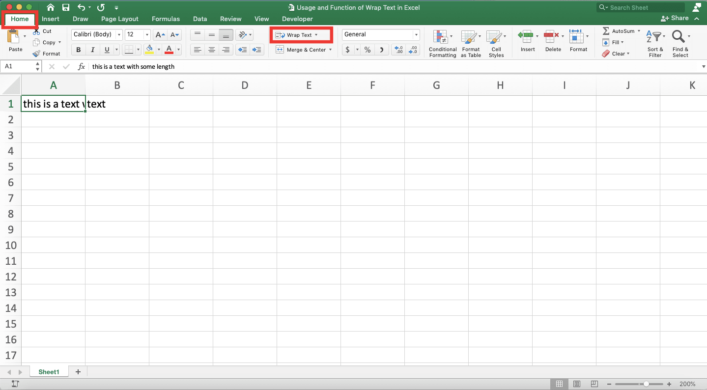 Usage and Function of Wrap Text in Excel - Screenshot of Step 2-1